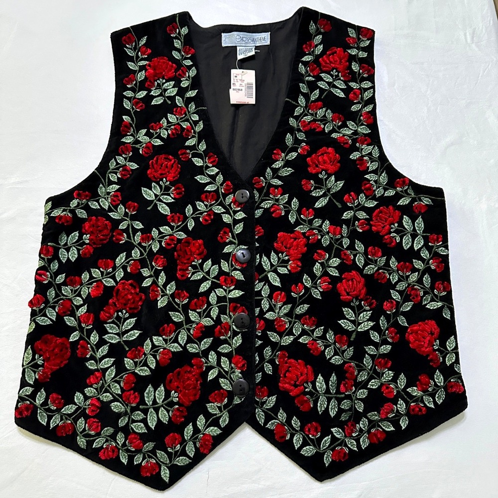 VTG Chrysantheme Velvet Embroidered Vest M Black Red Floral Boho Cottagecore NWT